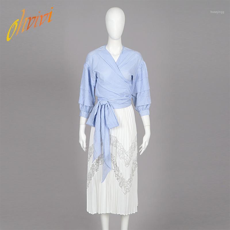 

High Fashion Women Boutique Set Striped Three Quater Long Sleeve Blouse Top V Neck Bow Tie Regular Thickness Office Women' Blouses & Shirts, Blue striped