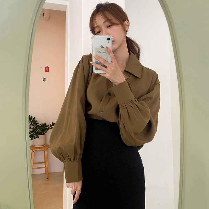 

Women' Blouses & Shirts Korean Style Chic Turn Down Collar Woman Simple Loose Casual Vintage Long Sleeve Blusas Mujer Office Ladies Blouse, Black skirt