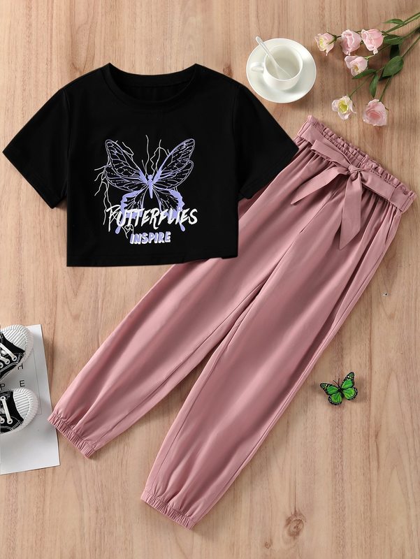 

Girls Letter & Tee & Paperbag Waist Belted Joggers SHE, Multicolor