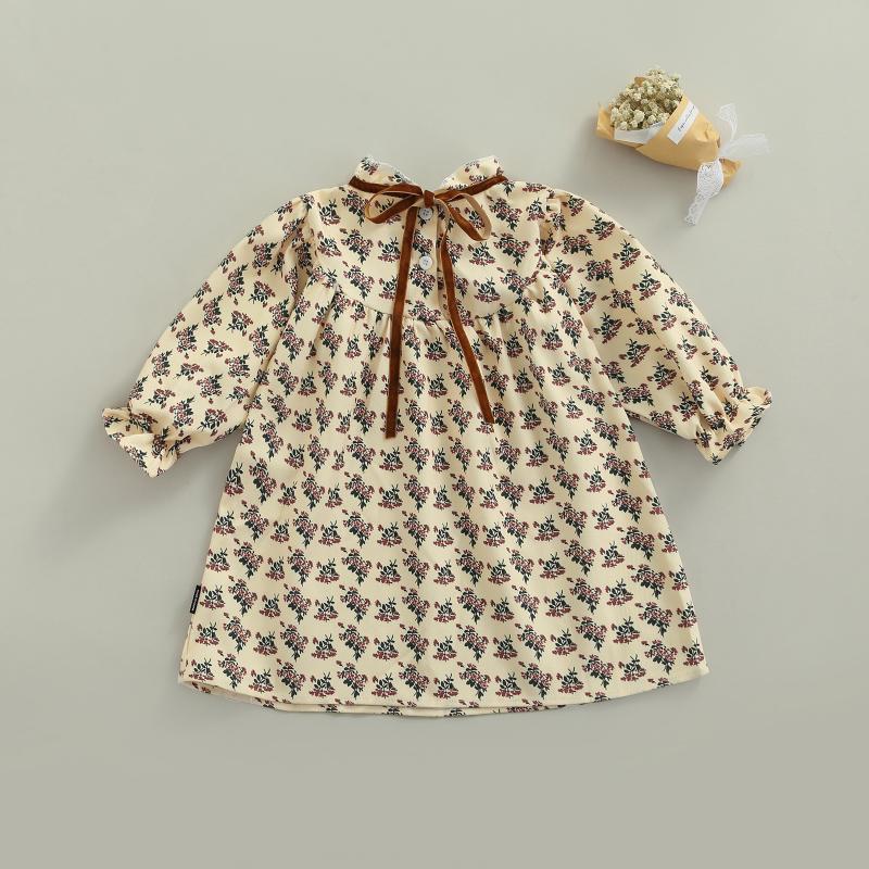 

Girl's Dresses 2022 Born Lovely Toddler Tie-up A-line Dress Girls Autumn Floral Puff Sleeve Round Neck Casual 0-8Y, Red;yellow