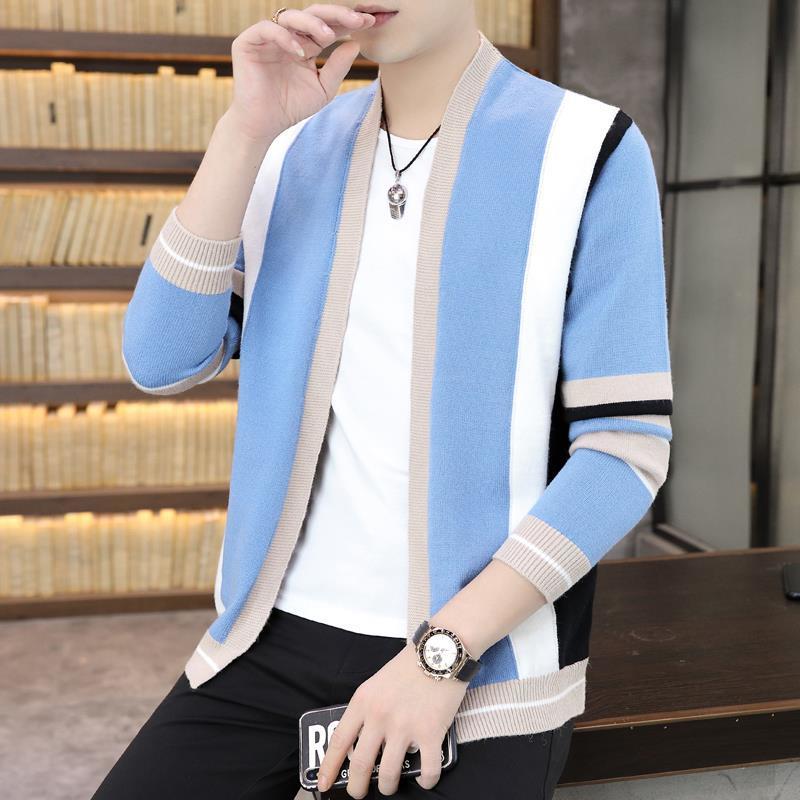 

Men's Sweaters Spring And Autumn Knitted Cardigan Men's Loose Korean Style Fashion Outwear Sweater Thin Coat MenMen's, Khaki with stripes