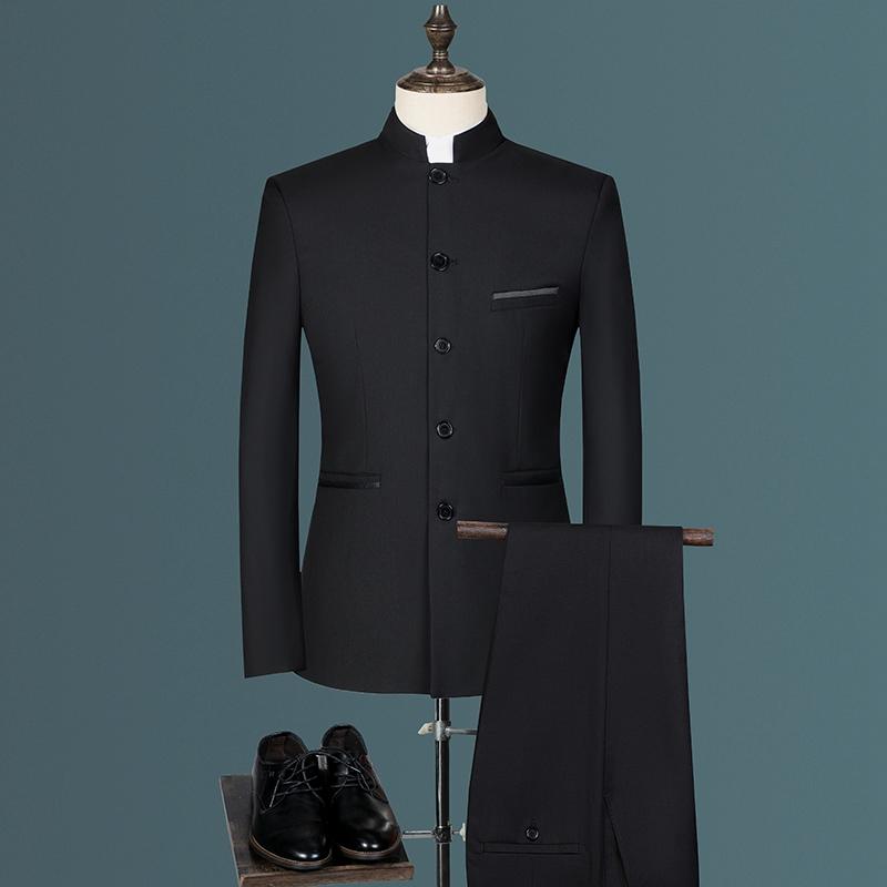 Costumes pour hommes Blazers Col montant pour hommes Style chinois Coupe ajustée Ensemble de costume deux pièces / Homme Zhong Shan Blazer Veste