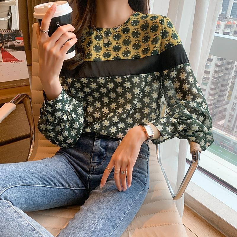 

Spring Long Sleeve Chiffon Printed Blouse Patchwork Office Shirt Women Vintage Ladies Tops Women' Blouses & Shirts, Image