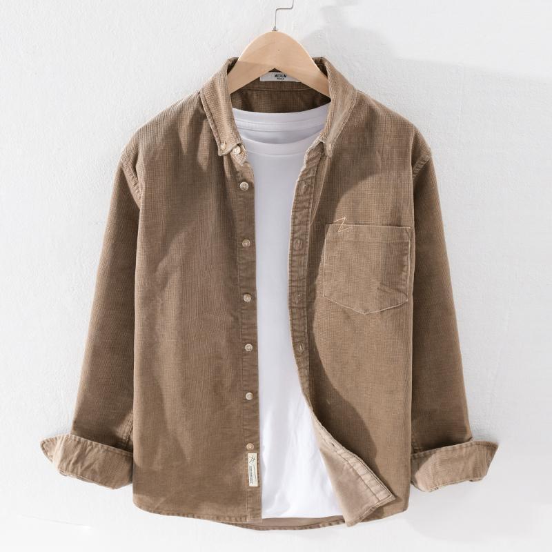 

Autumn Long Sleeve Solid Corduroy Shirt Men Fashion Brand Shirts For Trendy Cotton Mens Comfortable Male Men's Casual, Khaki