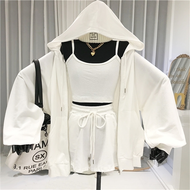 

Women 3 Piece Set Zipper Hooded Casual Womens Sweatsuit Matching Sets For Women Joggers Suit Sets 2020 Summer Sports Wear T200701, Gray