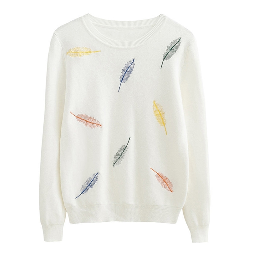 

Autumn winter women fashion feather Embroidery Knitted sweaters black white womangirl casual sweater 220813, Ymmy01