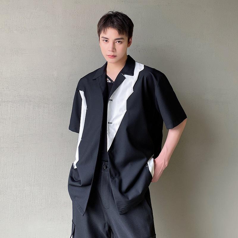 

Men' Casual Shirts Trendy Men' Loose Short Sleeve Shirt Large Summer Cool Style Black And White Contrast Mosaic Lapel Japanese ShirtMe