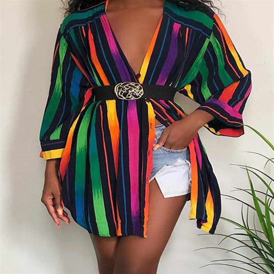 

Womens Designer Shirt Dresses Fashion Rainbow Colors Striped Printed Summer Dress Long Sleeve Plus Size Women Clothing 2020 new279i, 20