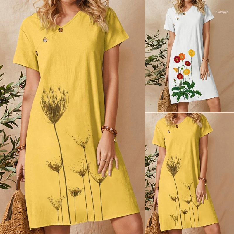 

Ethnic Clothing Casual Dresses For Women 2022 Personality Fashion Button Loose Ladies Summer Floral Print V-neck Knee-length Dress