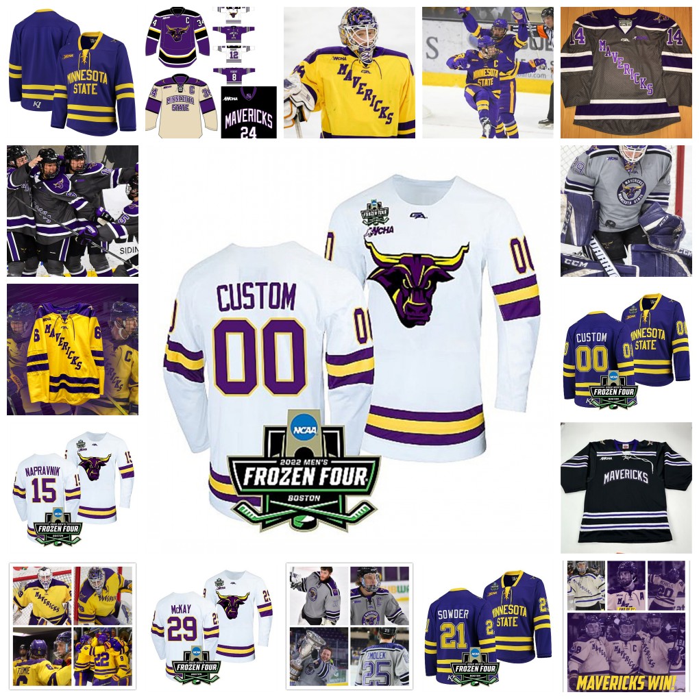 

2022 NCAA Frozen Four Minnesota State Mavericks Hockey Jersey Custom 3 Jack McNeely 4 Andy Carroll 6 Sam Morton 7 Wyatt Aamodt 8 Nathan Smith 9 Tanner Edwards Jerseys, Purple