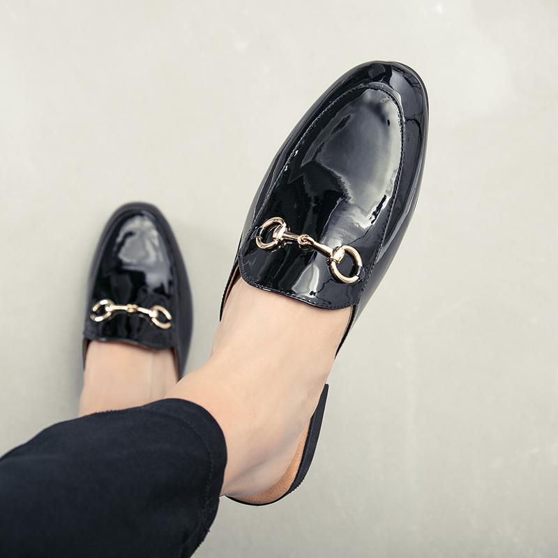 Luxury Brand Mens designer Horsebit Metal Buckle Bee slippers Genuine Leather mules black slipper mens casual slip-on shoes Indoor and outdo