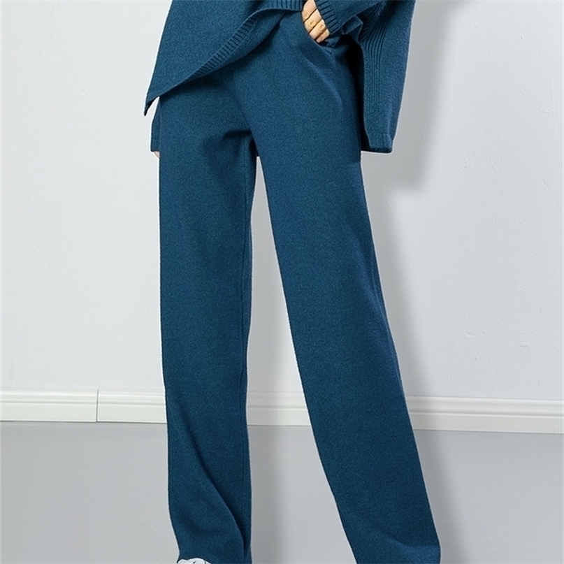 

Women Elastic Waist HIGH Quality wide lege Trousers Thick Knitted Autumn Winter Sport pants sweater cashmere 220419, Khaki