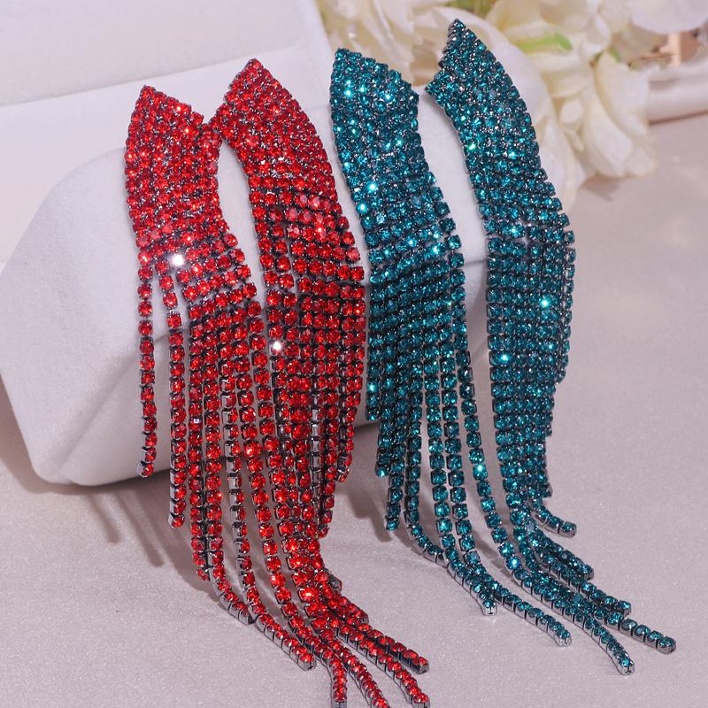 

Dangle & Chandelier Shining Full Rhinestone Long Tassel Earrings For Women Geometric Drop Earring Evening Dress Statement Accessories