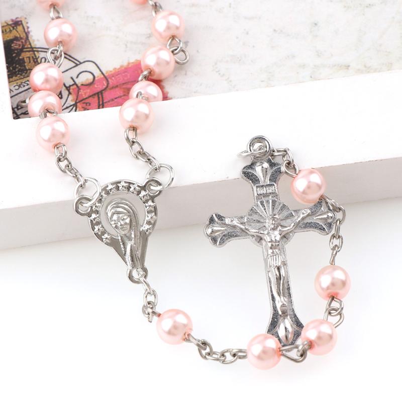 

Pendant Necklaces Pink 6mm Long Glass Imitation Pearl Rosary Necklace Silver Cross Virgin Mary Center Jesus Religious