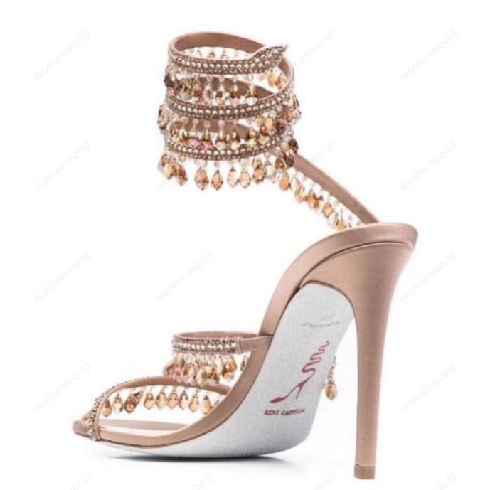

RENE CAOVILLA 10cm stiletto High heel Sandals CRYSTAL Karung open toe Snakelike twining rhinestone sandals women Top quality Gold Cleo embellished sandal, Only a boxes