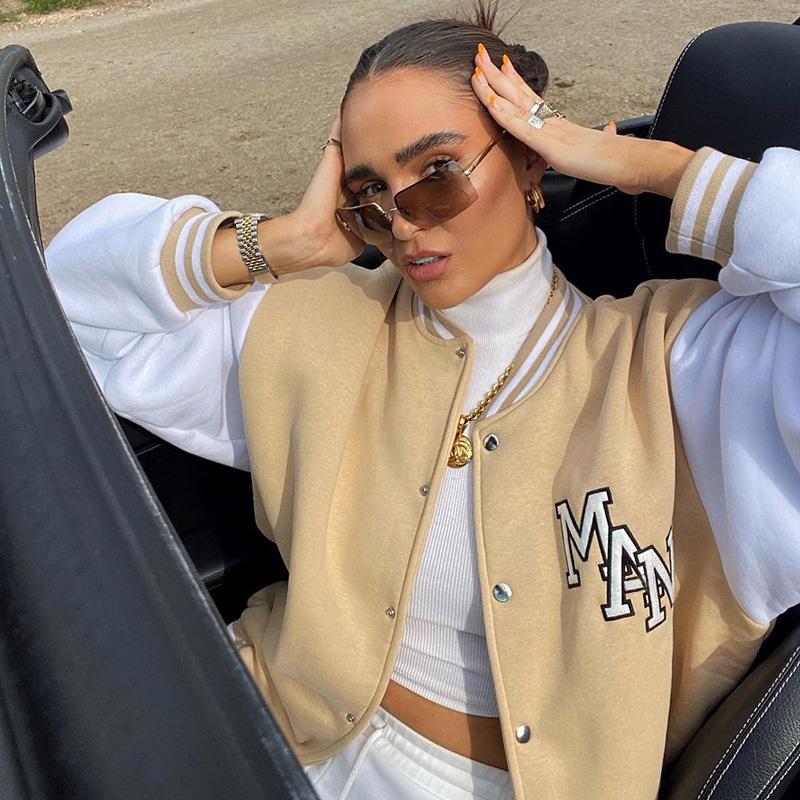 

Women' Jackets Ins Style 2022 Autumn Single Breasted Stand Collar Letter Embroidery Loose Casual Baseball Jacket Women Clothes, Khaki