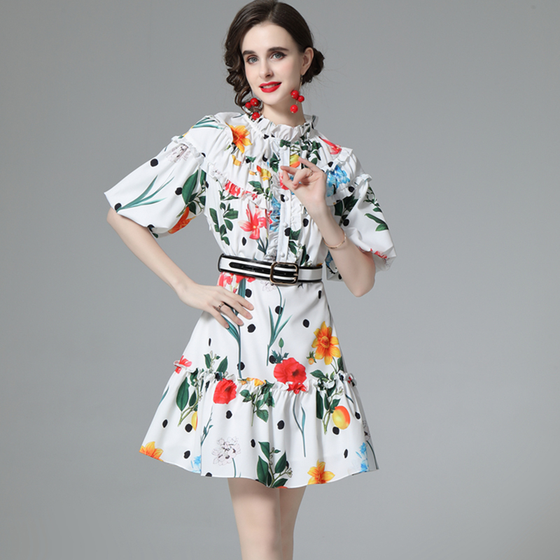 

Women' Runway Dress Ruffled Collar Lantern Sleeves Printed Ruffles High Street Fashion Short Dresses Vestidos, White