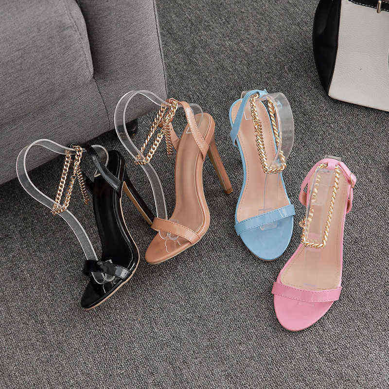 

Women Sandals Dress Shoes High Heels Slippers for Luxury Metal Chain Decorative Pumps Straight Belt 220606 220512, Blue