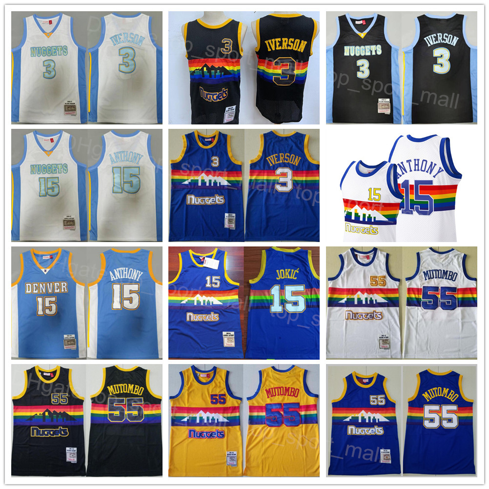 

Mitchell and Ness Basketball Retro Allen Iverson Vintage Jersey 3 Dikembe Mutombo 55 Carmelo 15 Blue Black White Yellow Team All Stitched Breathable High Quality