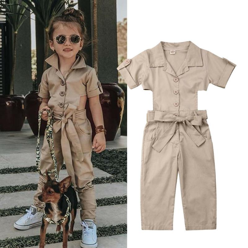 

Clothing Sets 2-7Y Summer Fashion Infant Kids Baby Girls Romper Clothes Turn Down Collar Solid Sashes Belt Jumpsuits ClothesClothing, As pic