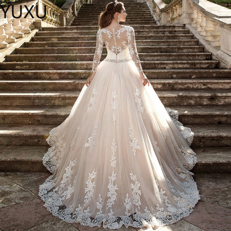 Sheer lace Sexy See Through Button Back Long Sleeves Appliques New Vintage Cheap Lace Wedding Dresses Vestios De Novia Bridal Gown