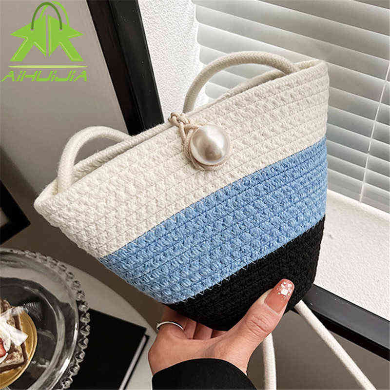 

Shopping Bagsmoda Contrasting Colors Straw Bags Bohemia Handmade Weaving Bucket Bag Rattan Fabric Cold Bag Shoulder Crossbody Bags 220323, Blue with black