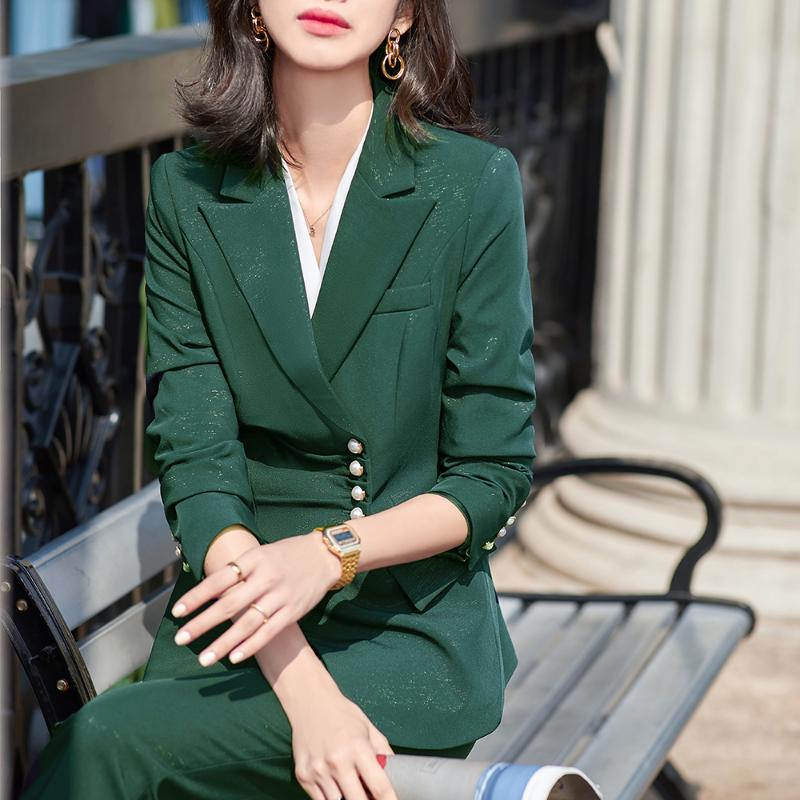 

Women's Two Piece Pants High Quality Green Blue Black Women Formal Pant Suit Spring Winter Autumn Ladies Slim Classic Blazer And Trouser Pie, Black pant suit