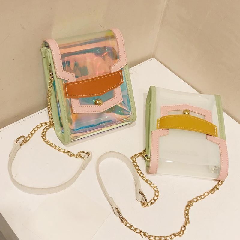 

Shoulder Bags Casual Laser Handbag Women PVC Square Chain Messenger Flap Transparent Splicing Crossbody Sling BagShoulder, Multi