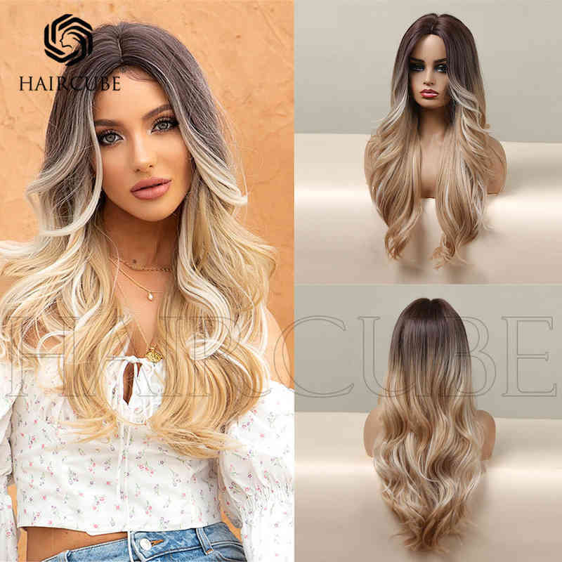 

Human Hair Wig Synthetic Fashion Hair Short Wigs New Product In 2022 Medium Dyed Blonde Long Curly Wig Headgear Wigs For Daily Use 220530, Ombre color