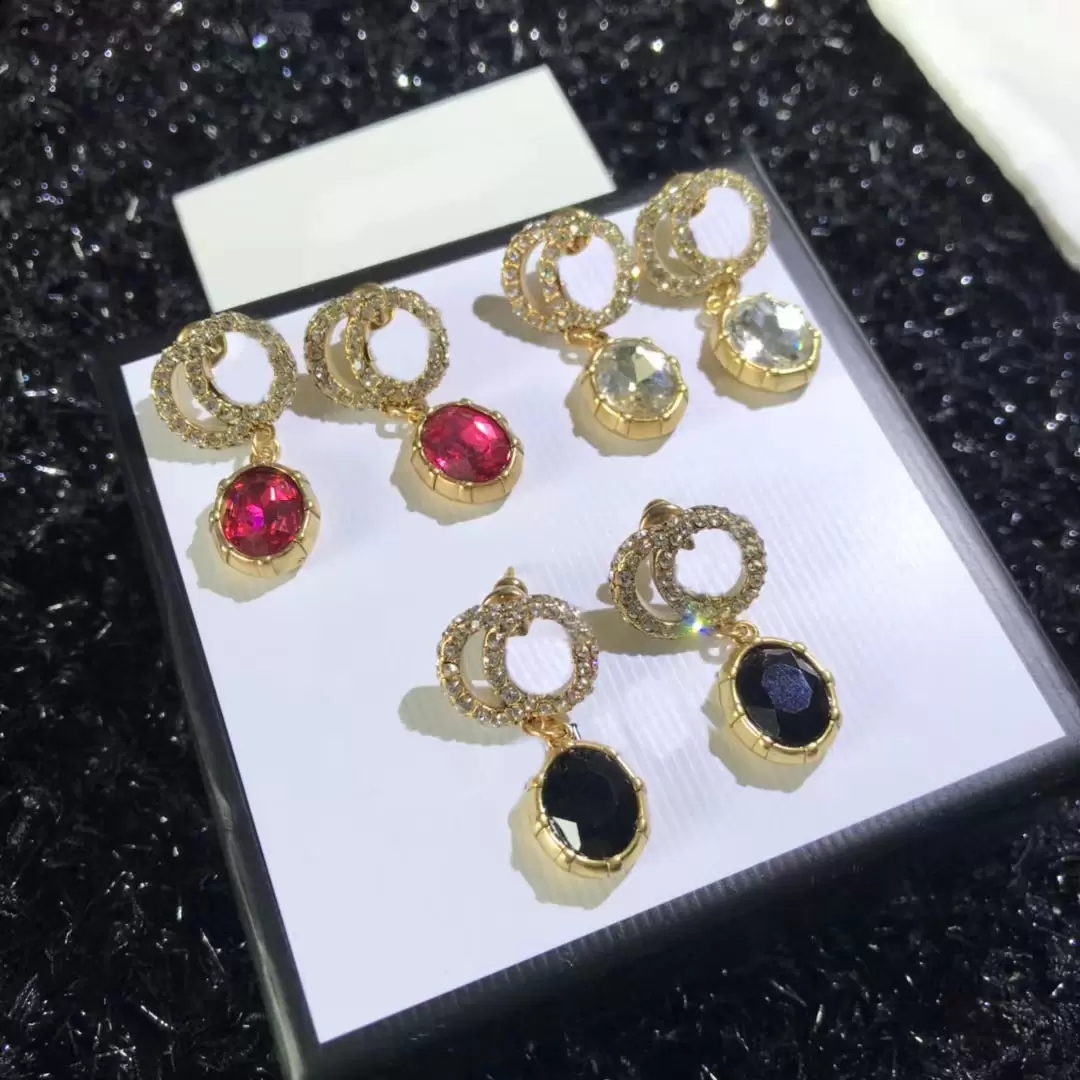 Women Designers Stud earrings with Full Diamond Double Letter Gemstone pendant inlaid with colored crystal stone Earring Wedding Party Luxury Jew-image-790026207