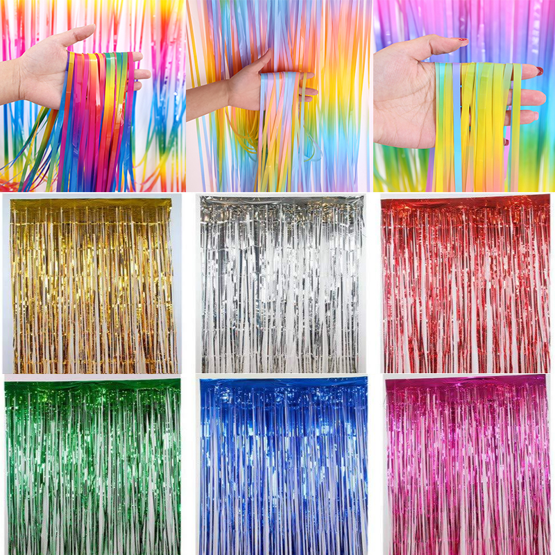 

Party Backdrop Metallic Foil Fringe Macaron Tinsel Curtain Adult Kids Birthday Party Wedding Decor Baby Shower Favor Supplies, As described