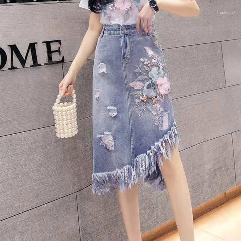 

Skirts 2022 Korean Women Denim OL Style High Waist Slim Casual Ladies Tassel Hem Midi Female Spring Summer Clothes, Blue