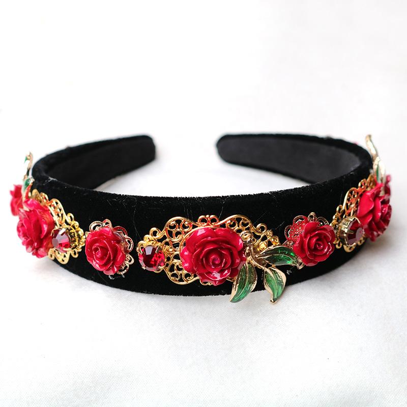 

Hair Clips & Barrettes Trendy Crystal Red Flower Wedding Accessories Jewelry Metal Carving Velvet Baroque Crown Hairband Bridal Tiara Women