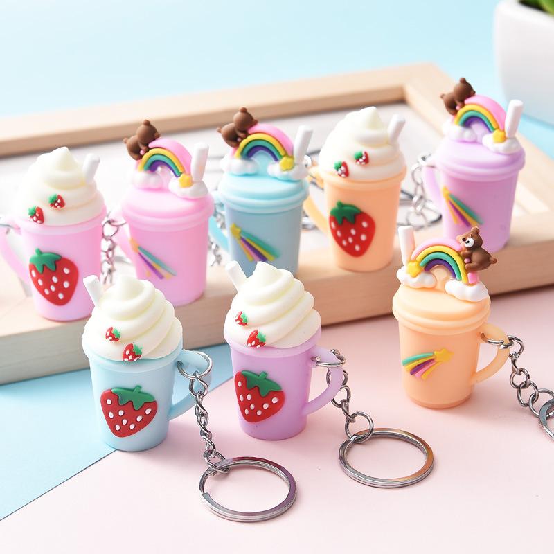 

Keychains Fashion Strawberry Rainbow Cream Cup Keychain For Women Students Cute Bag Pendant Accessories Car Key Ring Couple JewelryKeychains