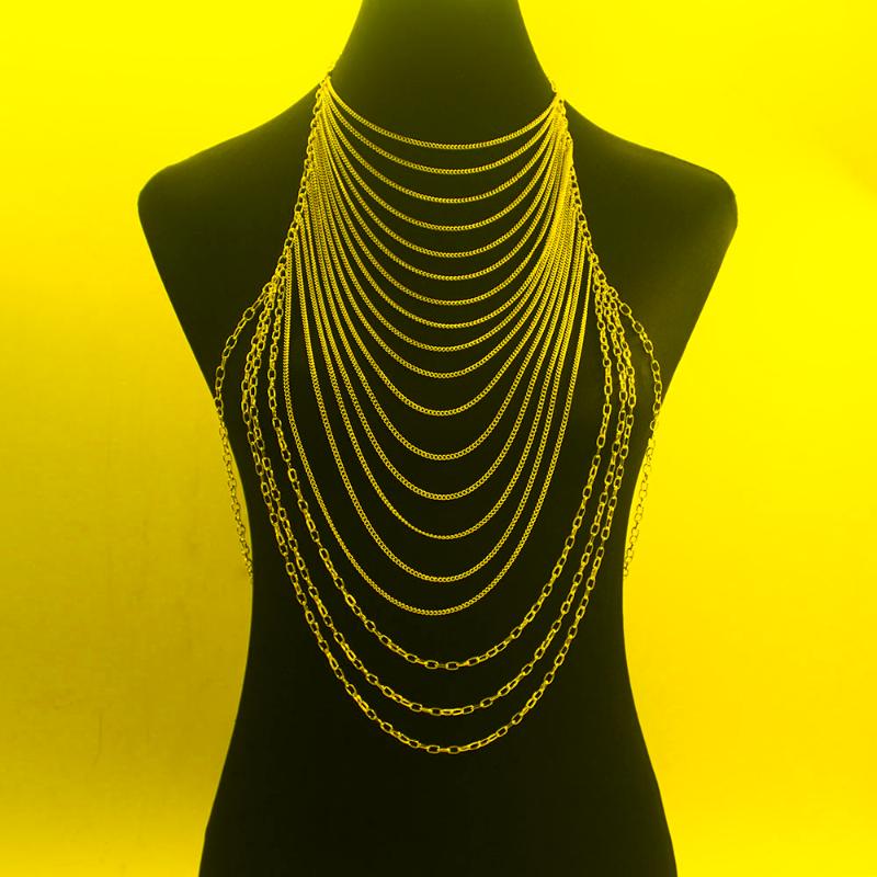 

Chains Fashion Women Chunky Metal Choker Multi Layer Long Body Chain Tassel Pendant Bijoux Statement Necklace JewelryChains