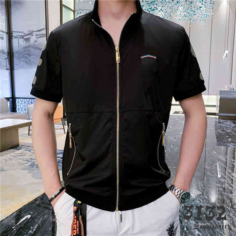 

European station personality trend 2021 summer new micro chapter embroidery slim stand collar cardigan casual short sve t-shirt men, White