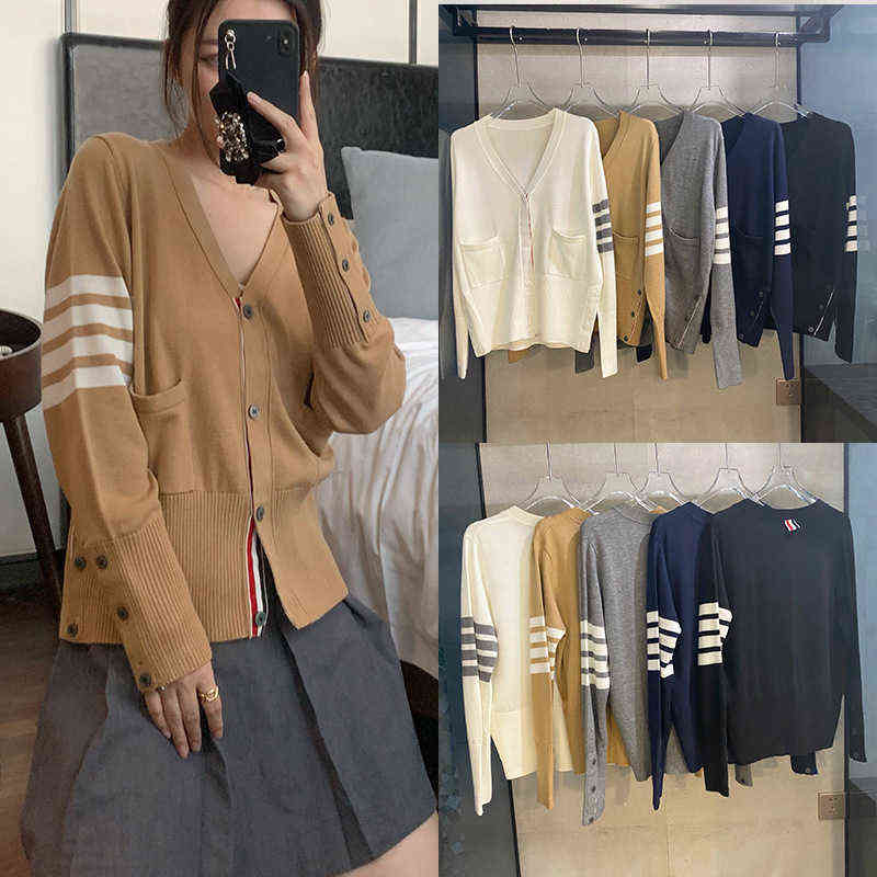 

TB Thom Classic Four Bar Cardigan Sweater Women' V-neck Over Long Sleeve Short Coat New Early Spring White Thin Simple Sweet Casual Brand Top