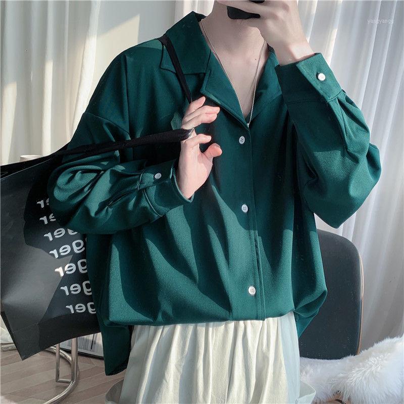 

Korean Dress Shirt Men's Fashion Solid Color Casual Men Streetwear Spring Loose Long-sleeved Shirts Mens Social -XL, Green