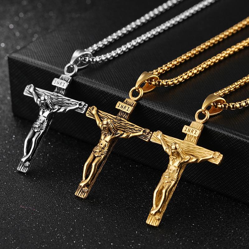 

Chains Crucifix Jesus Christ Men Jewelry Gold Brown Silver Color Stainless Steel Cross Pendant With Neck Chain Necklaces For Man Women