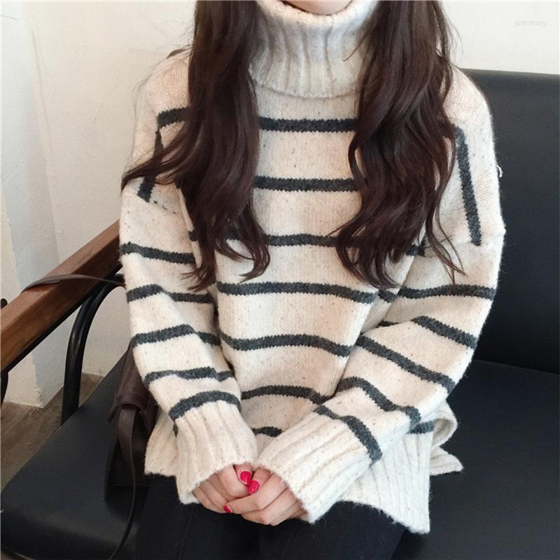 

Women's Sweaters Ailegogo Autumn Winter Women Turtleneck Thick Sweater Casual Female Striped Knitwear Loose Fit Ladies Knitted Tops Jemi22, Beige