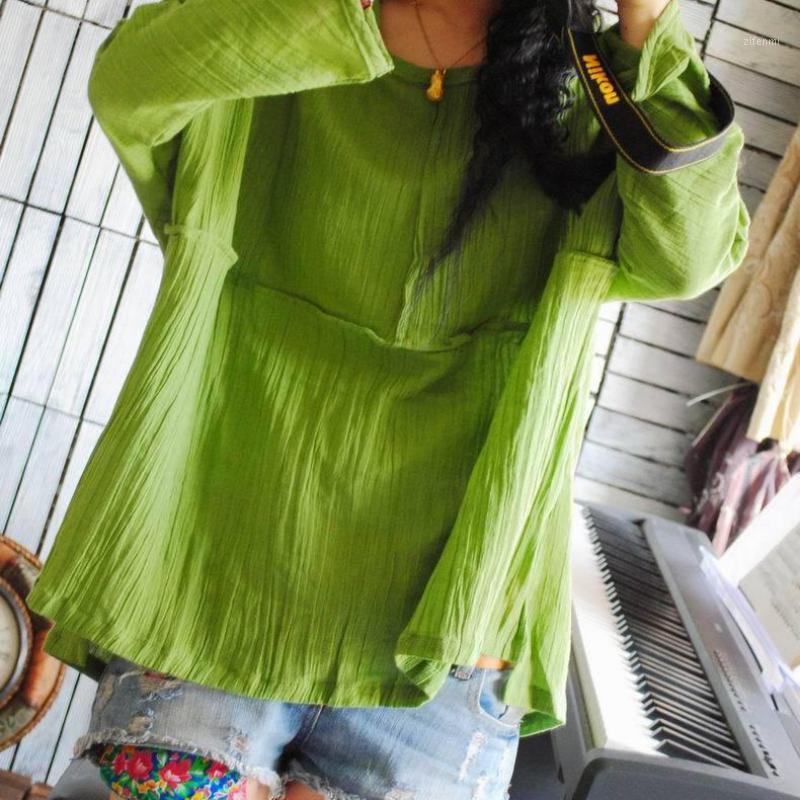 

Women Blouses Camisa Feminina 2022 Irregular Pleated Cotton Linen Casual Long Sleeve Shirts Tops Loose Blusas Women's &, Green