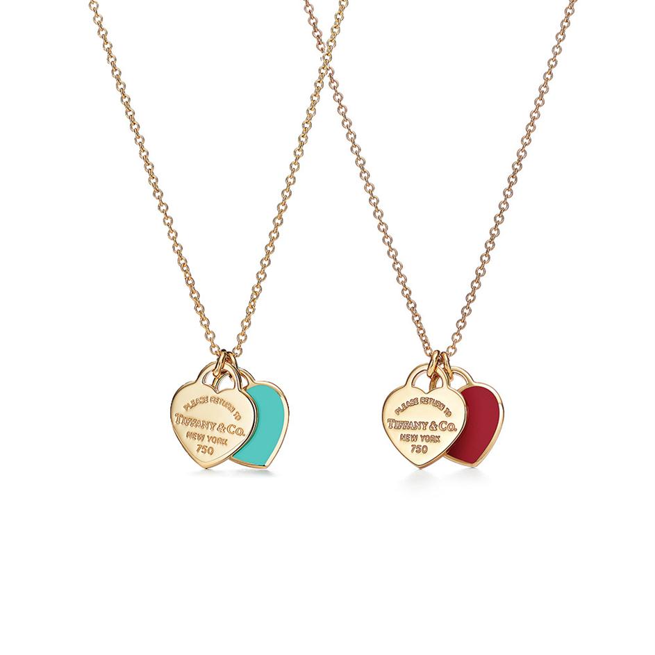 TIFF 100% 925 Silver Enamel Double Heart Necklace Female Pendant Fashion Sweet Clavicle Chain for Girlfriend Jewelry Double Electr2503