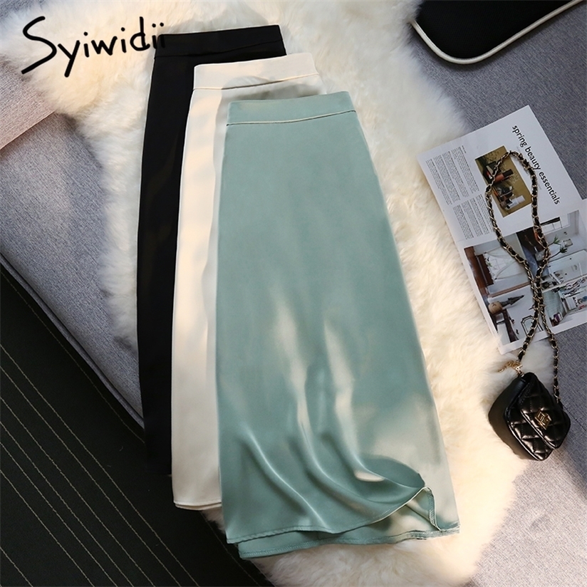 

Syiwidii Silk Satin Long Skirts for Women 4 Seasons Elegant Female Midi A Line Side Zipper Back Elastic Band Fashion 220322, Beige