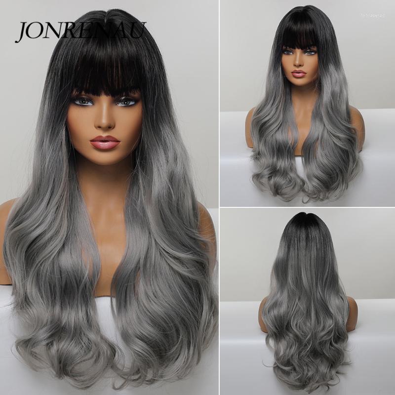 

Synthetic Wigs JONRENAU Halloween Long Wavy Dark Root Ombre Grey Blue Wig With Bangs Hair For Women Cosplay Heat Resistant Tobi22, 6109
