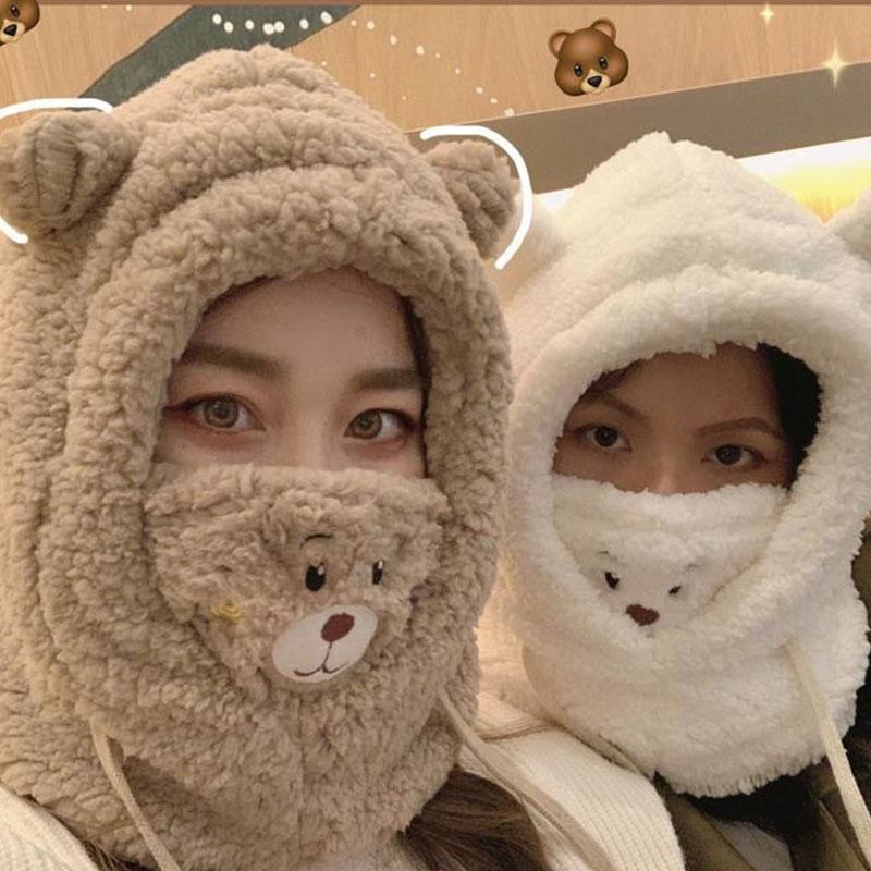 Beanie/Skull Caps Warm Winter Cute Bear Ears Women Hat Windproof Neck Scarf Lady Cashmere CapBeanie/Skull