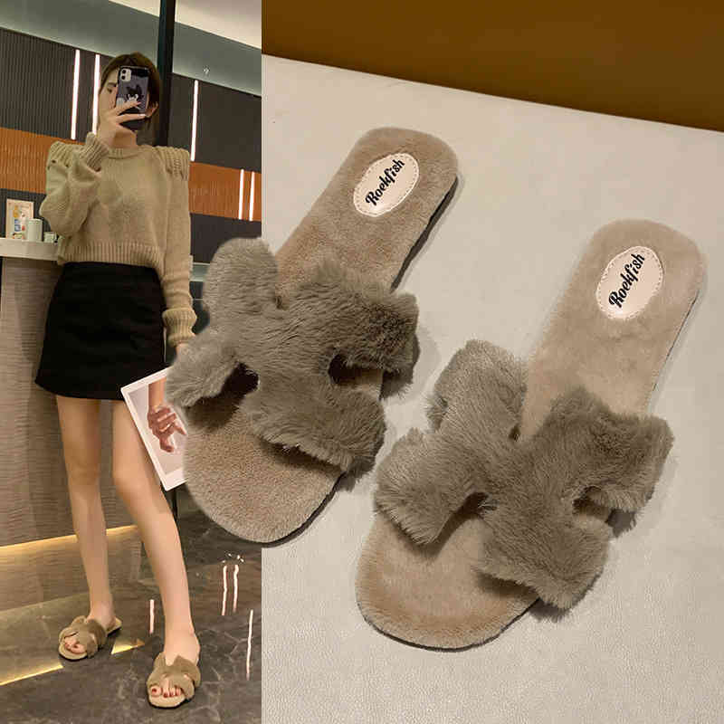 

Designer Herme 2021 sandals slippers women h slides wear net red new line teddy bear fur shoes outside the home comfortable women's, Black