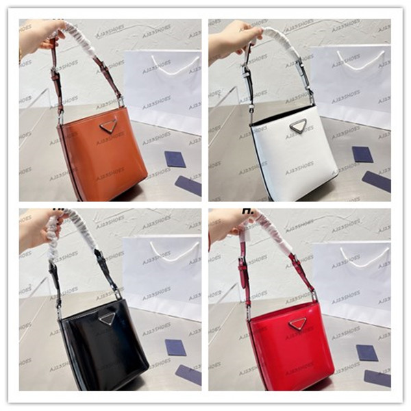 

Spazzolato Triangle Logo Bucket Bag Women's White Black Red Logo Plaque Drawstring Bag Desiger Patent Leather Top Handle Bag Luxury Nylon Brand, 01