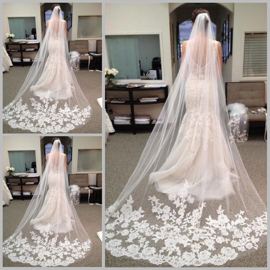 

Real Image Bridal Veils Sequins Luxury Cathedral Veil Appliques Lace Edge Custom Made Long Wedding Veils In Stock, Ivory
