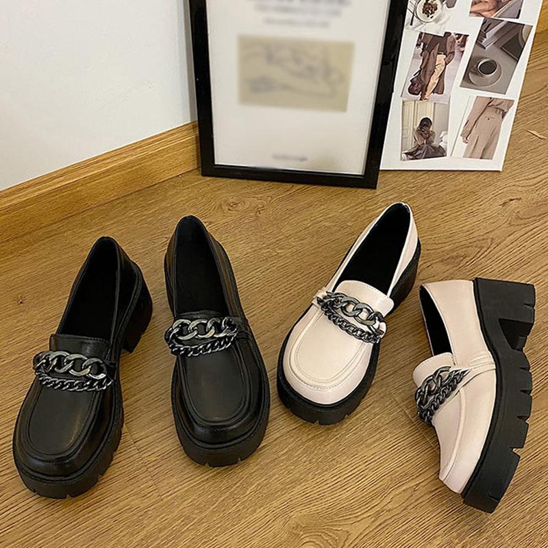 

Dress Shoes 2022Fashion Women Chunky Heels Soft Leather Loafers Ladies Chain Decoration Platform Pumps Round Toe Casual ShoesDress, Beige