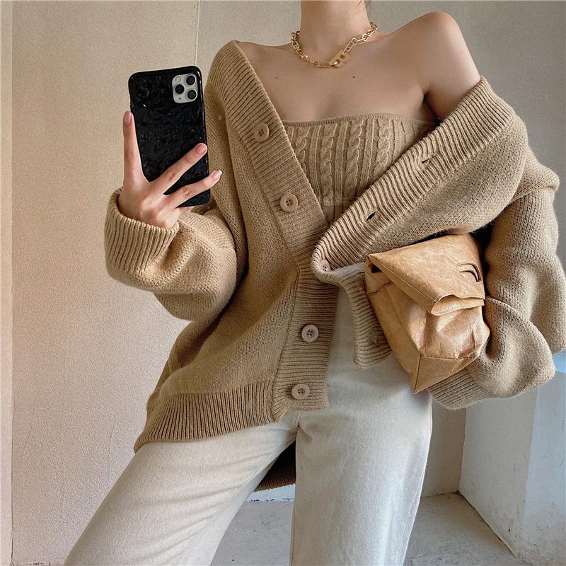 

Women's Knits & Tees JSXDHK Sweertwear Lazy Style Spring Sweater Cardigan 2 Piece Set Women V Neck Loose Knitted Coat + Sexy Chest Wrapped S, Beige